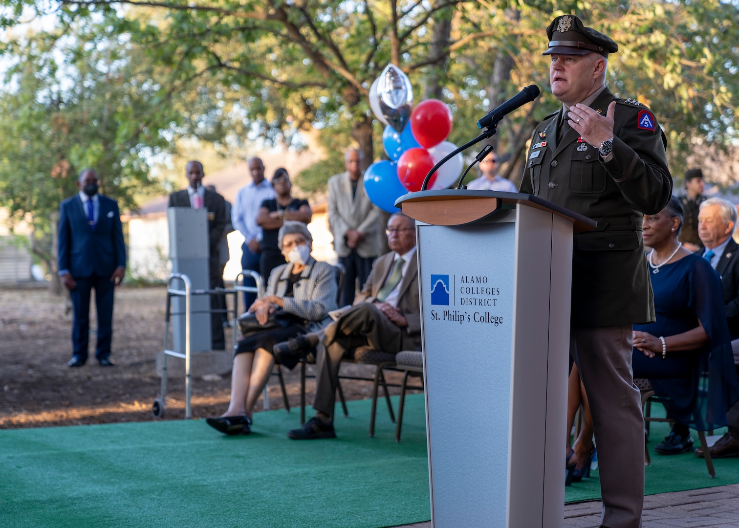 U.S. Army Lt. Gen. John Evans, commanding general of U.S. Army North, speaks during St. Philip’s College Col. Burley Oak Tree Dedication Ceremony, held on the St. Philip’s College’s campus, August 18, 2022. The 100-plus-year-old oak tree is part of the Burley homestead of the late retired U.S. Army Col. Roy W. Burley, Sr., for many generations. The tree now resides on the college campus with a plaque to share with future generations the legacy of “The Colonel”. (U.S. Army Photo by Bethany L. Huff)