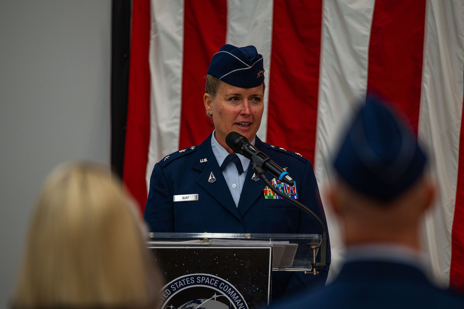 U.S. Space Force Maj. Gen. DeAnna Burt, former Combined Force Space Component Command (CFSCC) commander, speaks to attendees of the CFSCC change of command ceremony at Vandenberg Space Force Base, Calif., Aug. 22, 2022. Burt served as CFSCC’s commander for 21 months, managing global space operations and space traffic management around the globe. (U.S. Space Force photo by Tech. Sgt. Luke Kitterman)