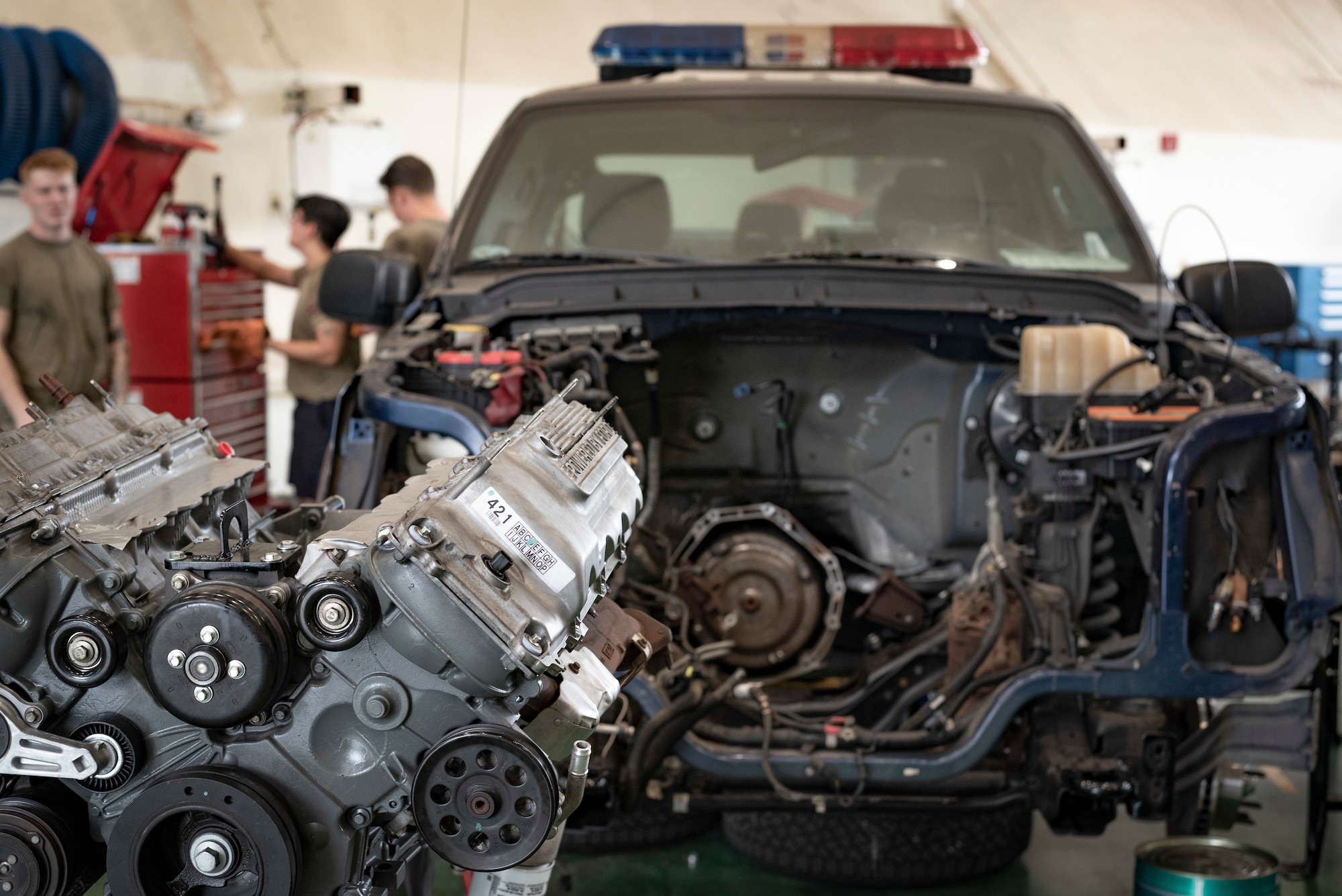 An engine of the Chevy Silverado used by the 374th Security Forces Squadron sits in the 374th Vehicle Maintenance Flight shop at Yokota Air Base, Japan, Aug. 17, 2022.