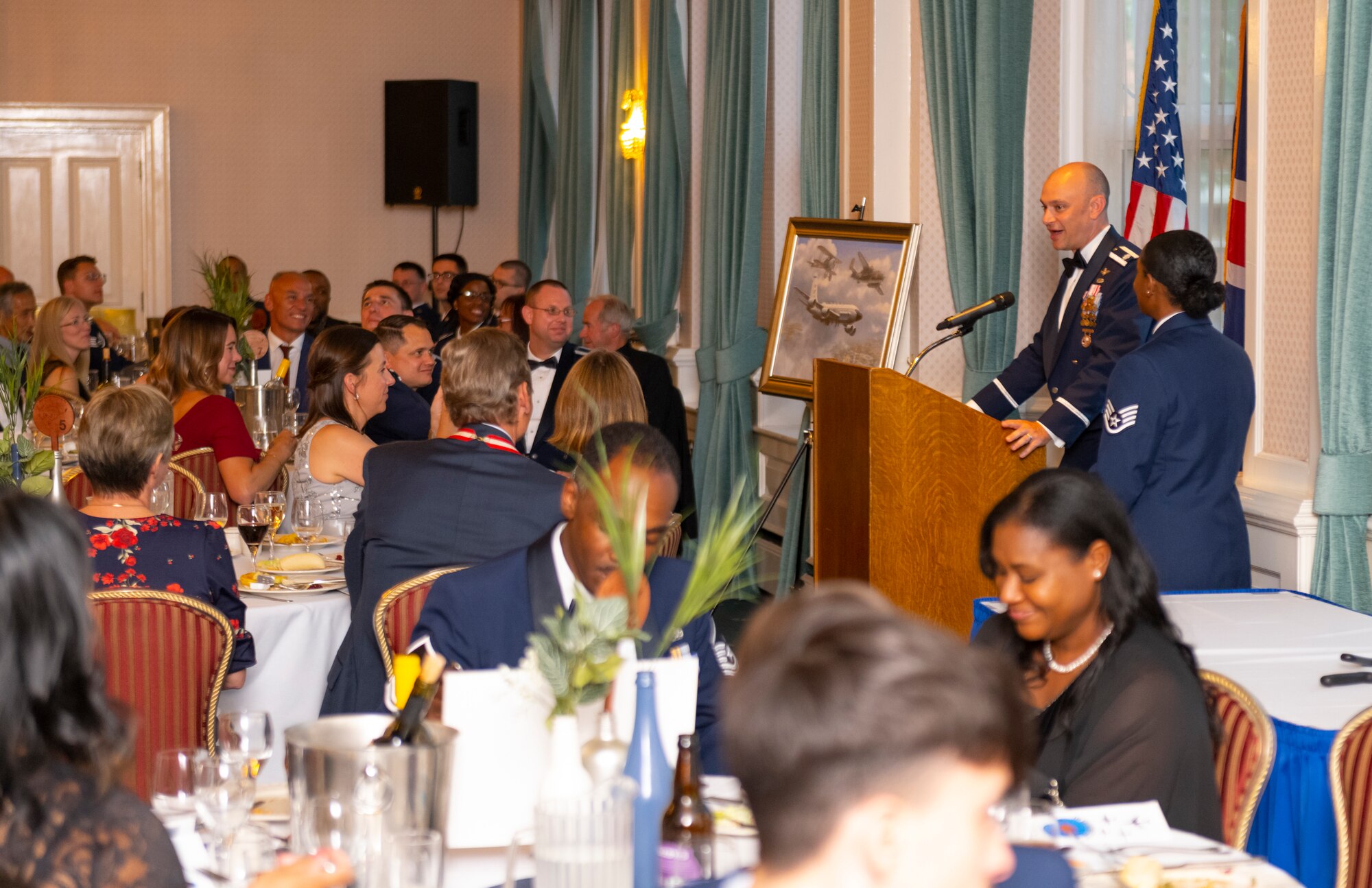 U.S. Air Force Lt. Col. Jonathan Beha, 95th Reconnaissance Squadron commander, speaks to guests during the 95th RS’s 105th anniversary celebration at Royal Air Force Mildenhall, England, Aug. 19, 2022. When asked about what has changed since the 95th RS’s first activation in 1917, Beha said, “the technology is certainly different, but I think what hasn’t changed is the commitment to the mission and the commitment the Airmen have to each other.”