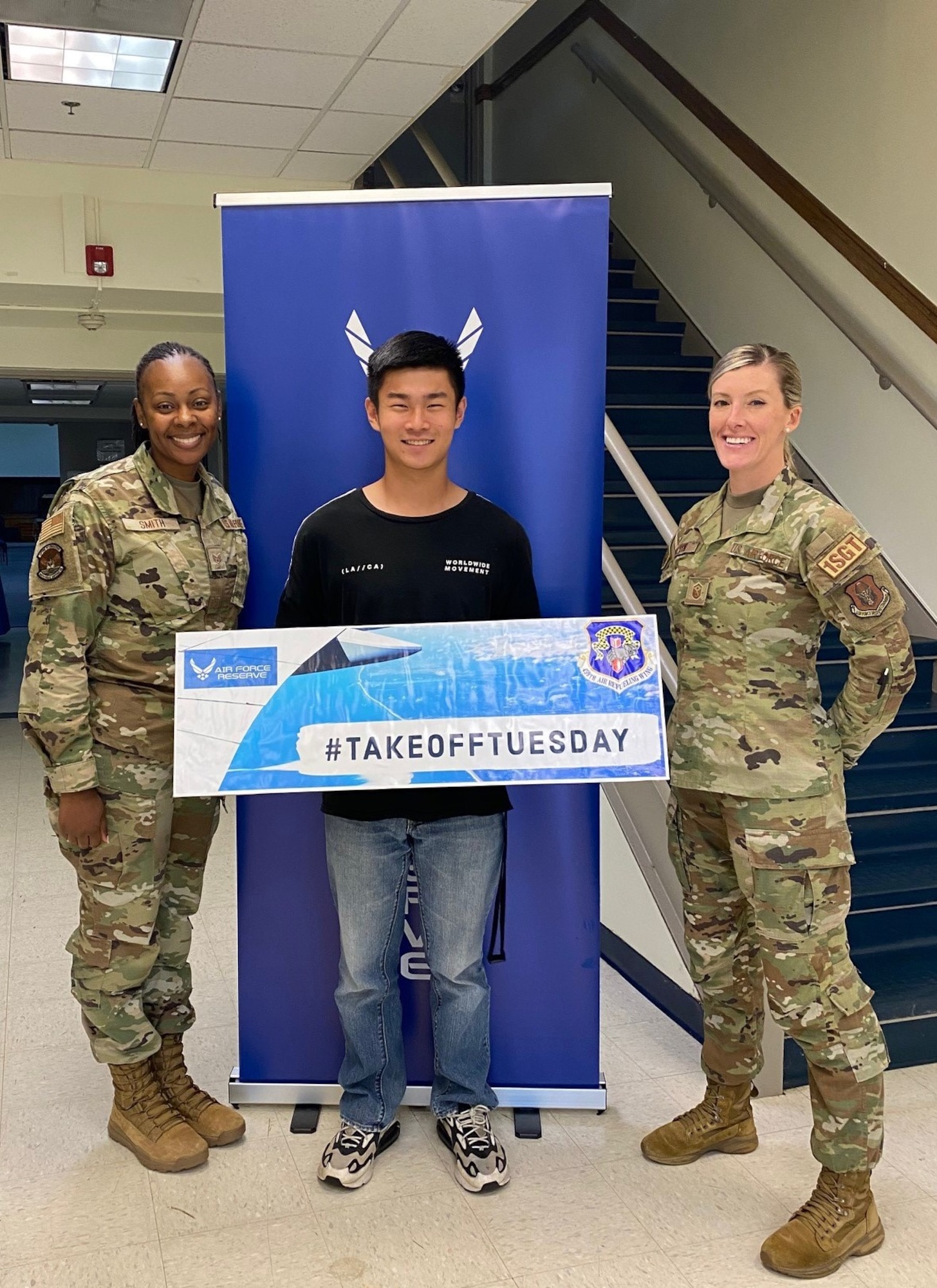 Taking off for basic training today is the wing's newest recruit, Jaeyeong Lee of Fairfax, Va. Upon completion of BMT, Lee will join the 459th Aeromedical Evacuation Squadron! Pictured with them are Staff Sgt. Ceru Smith, 459 ARW Development & Training Flight Program Manager, and Master Sgt. Alicia Lofton, 459th Air Refueling Wing Staff First Sergeant.