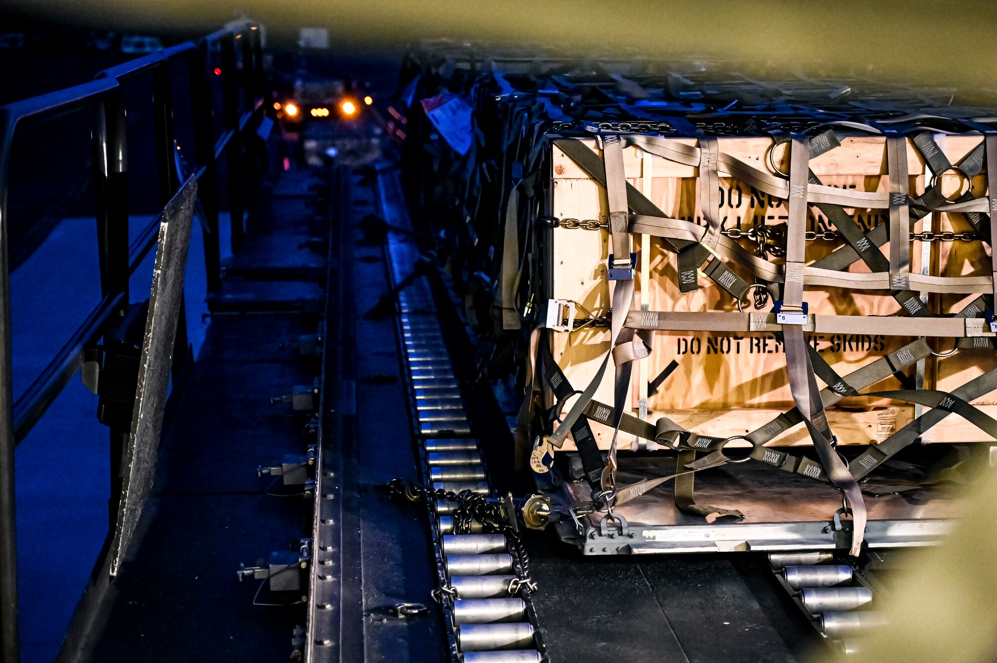 A pallet of Guided Multiple Launch Rocket System munitions prepares to be uploaded to a Boeing 767 at Joint Base McGuire-Dix-Lakehurst, N.J., Aug. 11, 2022. The munitions cargo is part of an additional security assistance package for Ukraine. The security assistance the U.S. is providing to Ukraine is enabling critical success on the battlefield against the Russian invading force. (U.S. Air Force photo by Senior Airman Matt Porter)