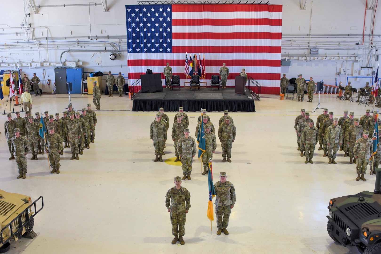 Soldiers with the 100th Missile Defense Brigade stand in formation at Peterson Space Force Base, Colorado Springs, Colorado, July 21, 2022.