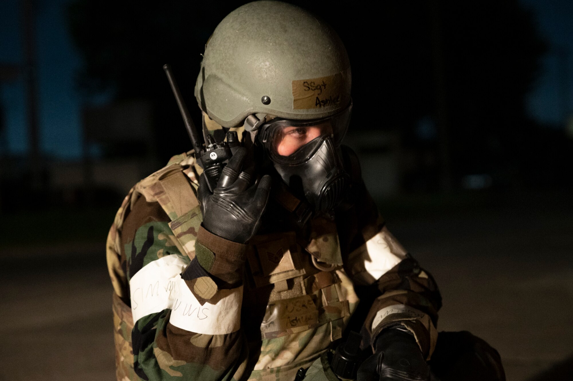 Staff Sgt. Ashlee Griffin, 51st Medical Group Airman, reports activity during a post attack reconnaissance (PAR) team sweep as part of a base-wide training event at Osan Air Base
