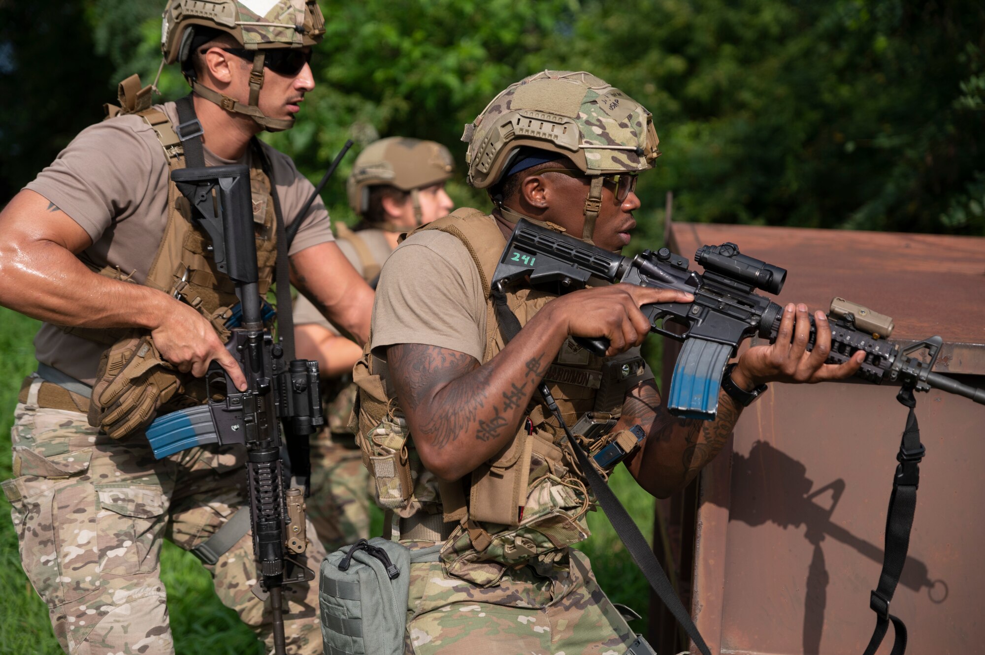 Airmen assigned to the 51st Security Force Squadron move up from cover during a simulated attack as part of a
training event at Osan Air Base