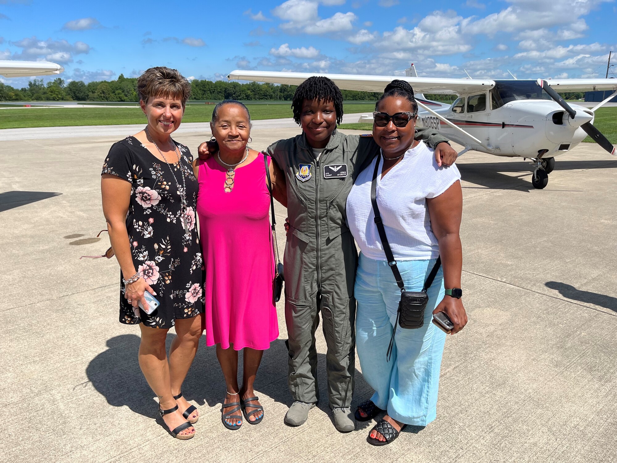 Ava Lewis, an Air Force Junior ROTC cadet, joins her mother, Angela, her grandmother, Cheryl, and her Senior Aerospace Science Instructor, retired U.S. Air Force Col. Gina Humble, for a photo just prior to flying a Cessna 172 aircraft at Marion Municipal Airport, Indiana on Aug. 4, 2022.  Lewis is a graduate of the AFJROTC Flight Academy program, an eight-week aviation course that gives cadets the opportunity to earn their Private Pilot’s Certification.