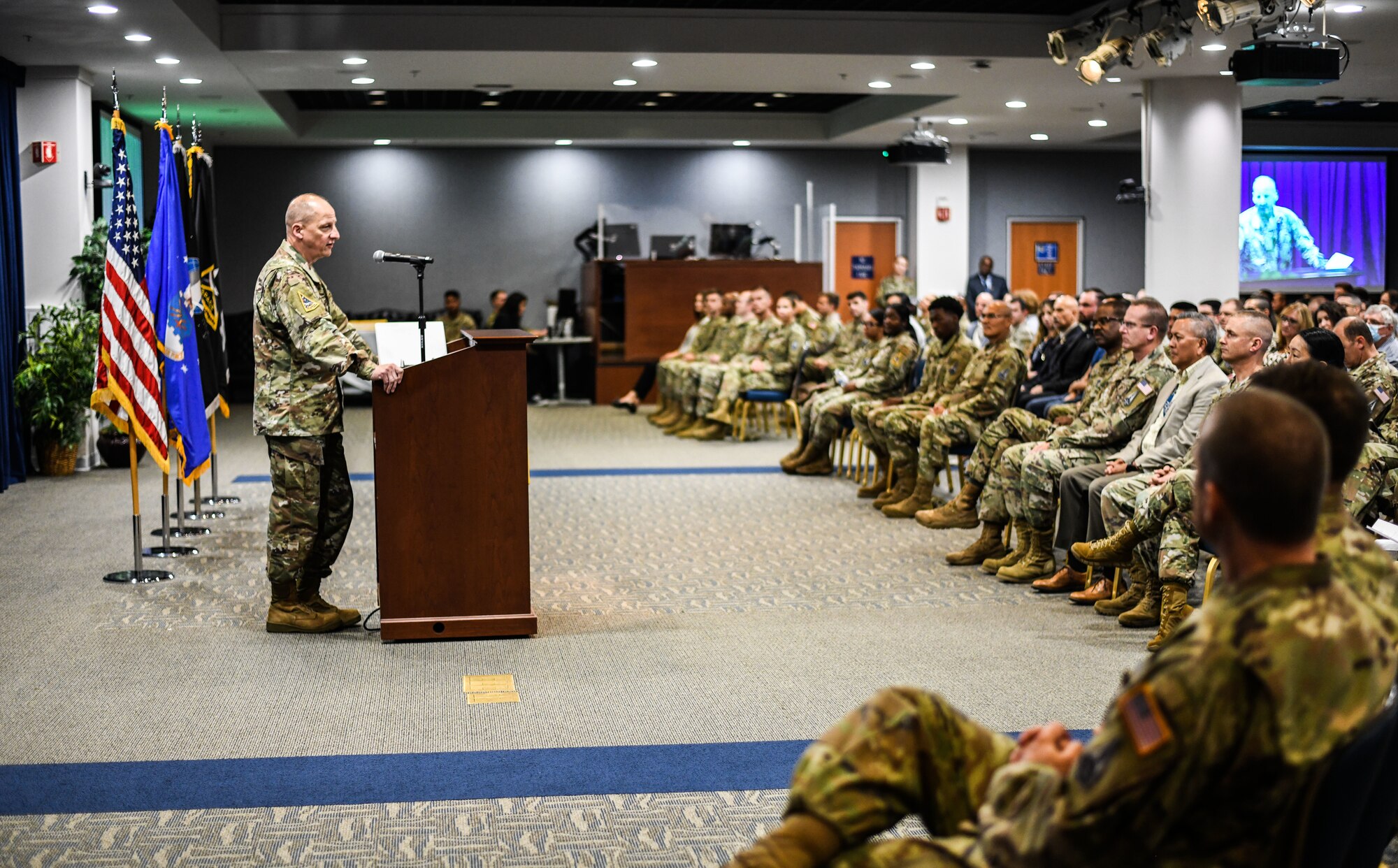 Lt. Gen. Michael A. Guetlein, Commander, Space Systems Command, delivers a command-wide message for the one-year anniversary event at Los Angeles Air Force Base, El Segundo, Calif., August 12, 2022. The celebration included highlights of the Field Command’s first-year achievements and recognition of the contributions by Guardians, Airmen, civilians and contractors. (U.S. Space Force photo by Van Ha)