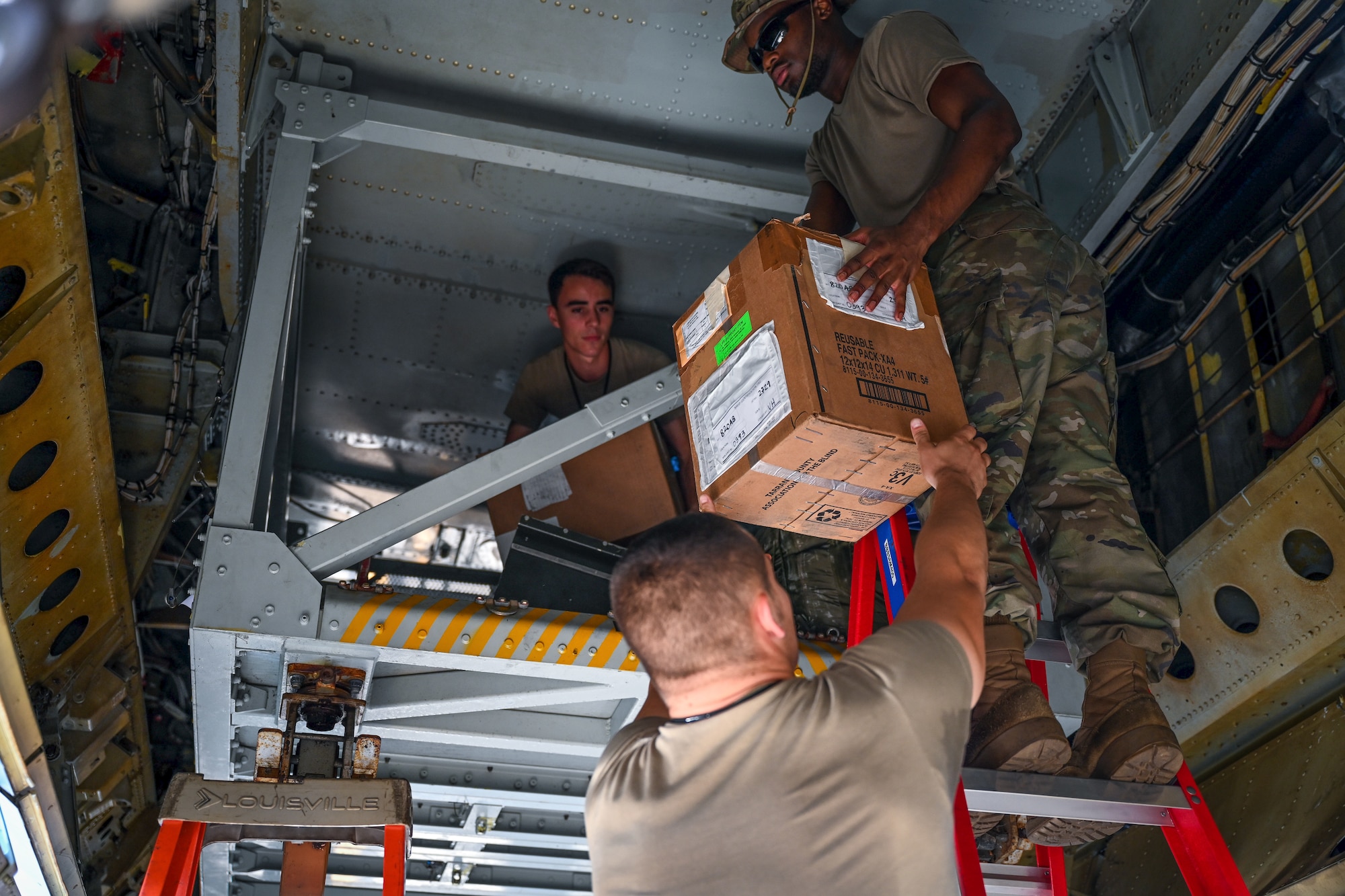 Airmen from the 2nd Aircraft Maintenance Squadron unload a B-52 On-Board Cargo System after an Agile Combat Employment Exercise at Barksdale Air Force Base, Louisiana, Aug. 19, 2022. Agile combat employment shifts generation of airpower from large, centralized bases, to networks of small, dispersed locations to increase survivability, complicate adversary planning and gain an advantage. (U.S. Air Force photo by Airman Nicole Ledbetter)