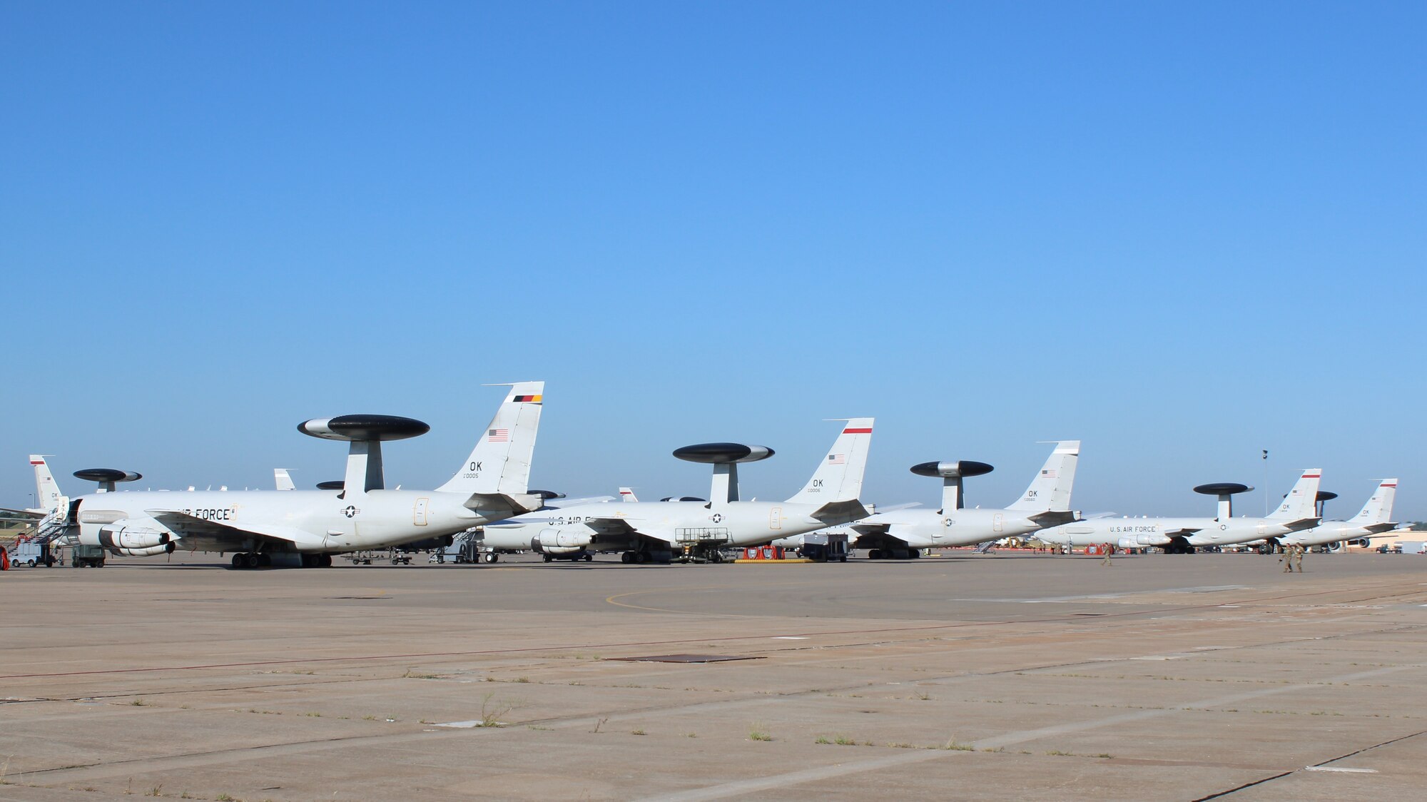 Fleet of E-3 Sentry aircraft primed for flight at Tinker AFB, for the Agile Thunder 22-02 exercise.