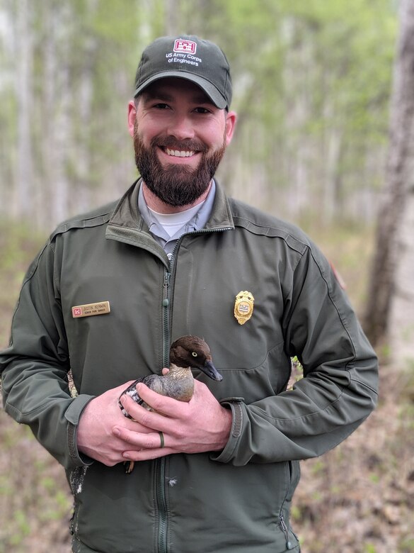 Justin Kerwin, senior park ranger, holds a common goldeneye hen at the Chena River Lakes Flood Control Project in North Pole, Alaska. Staff with the U.S. Army Corps of Engineers – Alaska District work with members of the U.S. Fish and Wildlife Service to document the birds’ nesting habits in 150 boxes, including 26 on USACE-managed grounds. Park rangers promote public safety and compliance with federal regulations, while conducting wildlife habitat enhancements. They also participate in public outreach to inform and educate people about USACE programs, projects and activities. (U.S. Army photo)