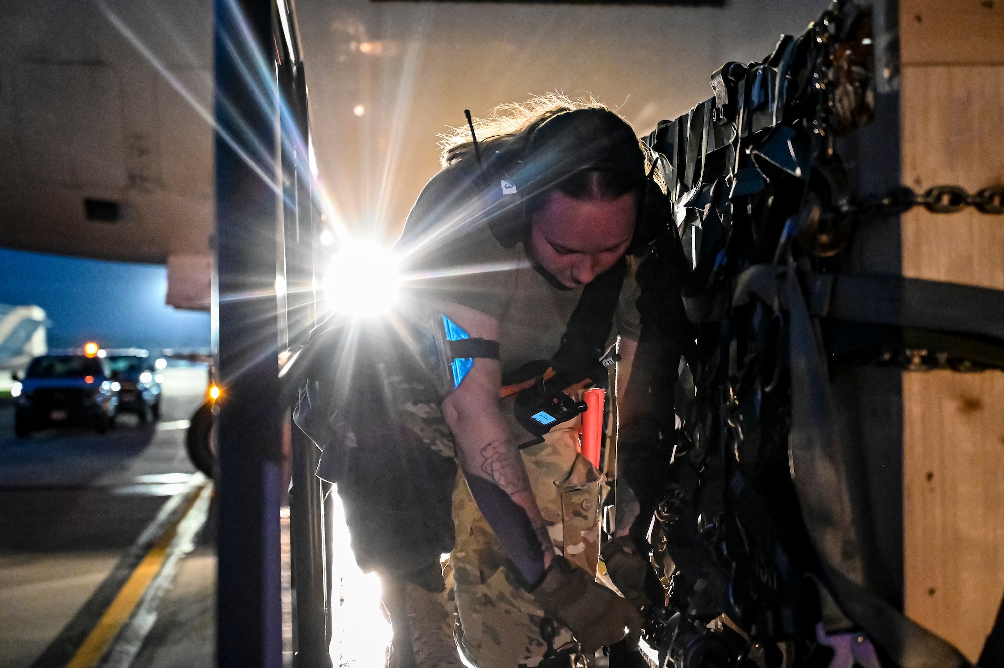 Airman 1st Class Hannah Watkins, 305th Aerial Port Squadron air transportation, prepares an upload of Guided Multiple Launch Rocket System munitions at Joint Base McGuire-Dix-Lakehurst, N.J., Aug. 11, 2022. The munitions cargo is part of an additional security assistance package for Ukraine. The security assistance the U.S. is providing to Ukraine is enabling critical success on the battlefield against the Russian invading force. (U.S. Air Force photo by Senior Airman Matt Porter)