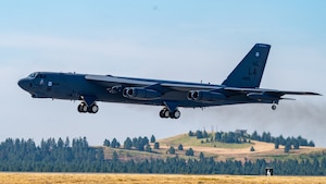 A B-52H Stratofortress takes off from Fairchild Air Force Base, Washington during an Agile Combat Employment exercise Aug. 18, 2022. When using the ACE concept the B-52s can land at a non-bomber location, receive repairs, resupply and be back in the air within a few hours. (U.S. Air Force photo by Senior Airman Chase Sullivan)