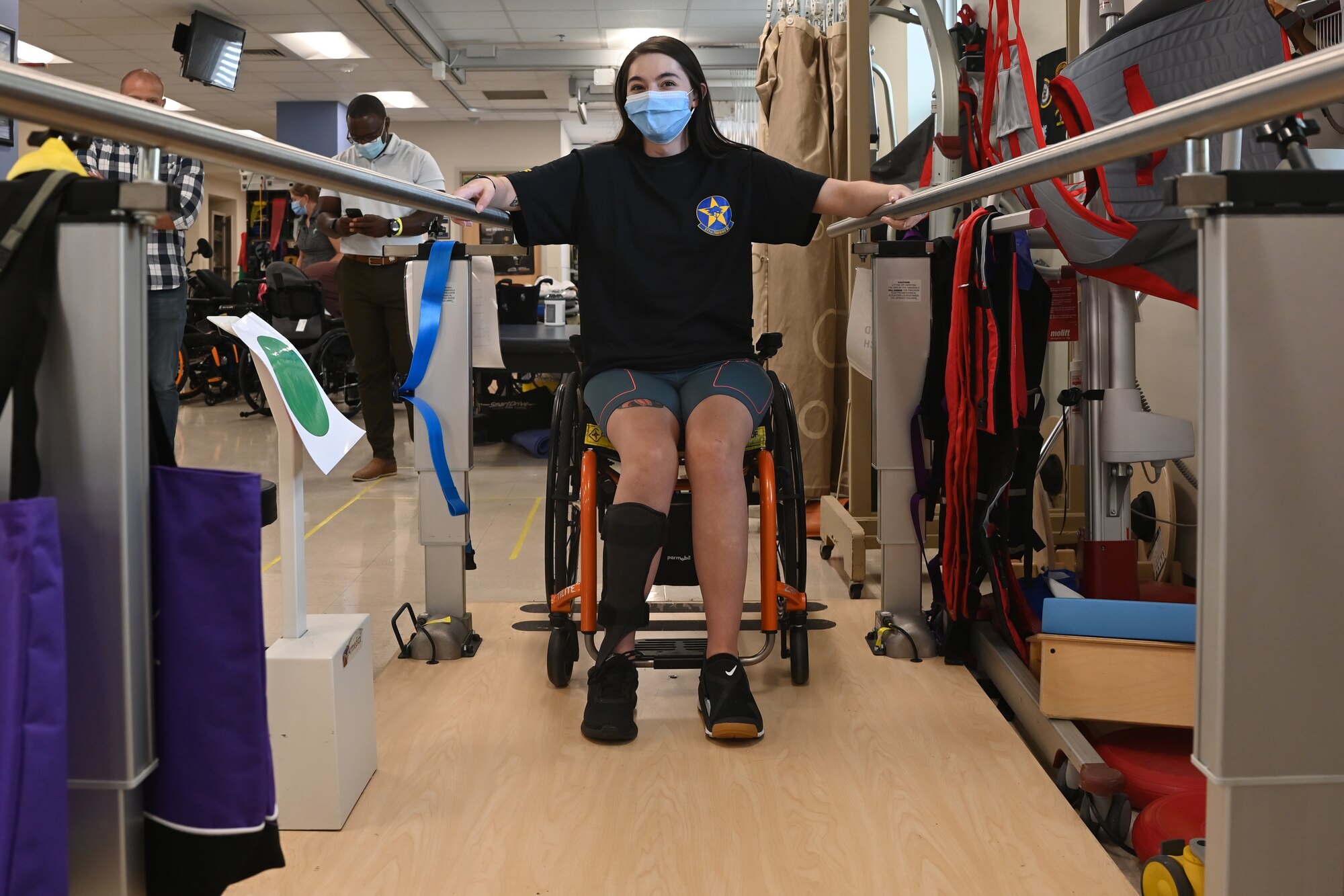 U.S. Air Force Airman 1st Class Lauren Arduser, 311th Training Squadron Russian language analyst, prepares for her walking rehabilitation at the St. Louis VA Healthcare System-Jefferson
Barracks, Missouri, August 17, 2022. Arduser rehabs three hours a day, five days a week, and works all muscles in her body. (U.S. Air Force photo by Senior Airman Abbey Rieves)