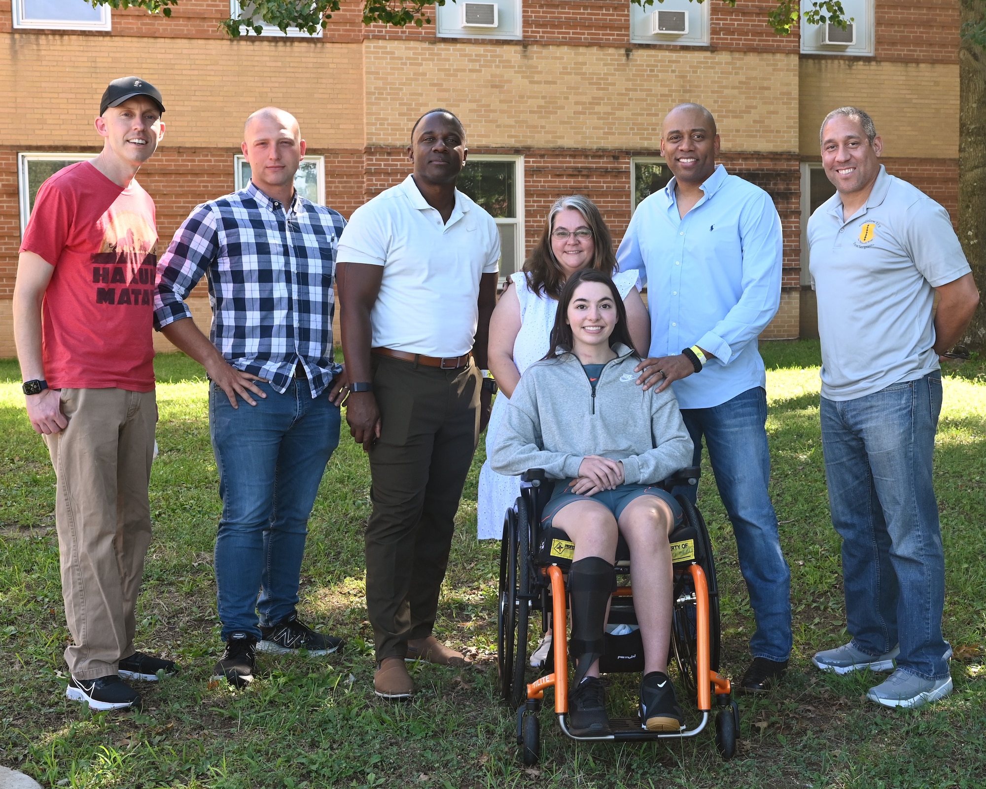 U.S. Air Force Airman 1st Class Lauren Arduser, 311th Training Squadron Russian language analyst, visits with her leadership team from the 17th Training Wing, at the St. Louis VA Healthcare System-Jefferson Barracks, Missouri, August 17, 2022. The 316th Training Squadron at Goodfellow Air Force Base, Texas, conducted a mission hand-off to the 311th TRS at Presidio of Monterey, California. Arduser’s administrative concerns are handled through her home unit of the 311th TRS, instead of the 316th TRS, where she was TDY when her life-threatening injury happened. (U.S. Air Force photo by Senior Airman Abbey Rieves)