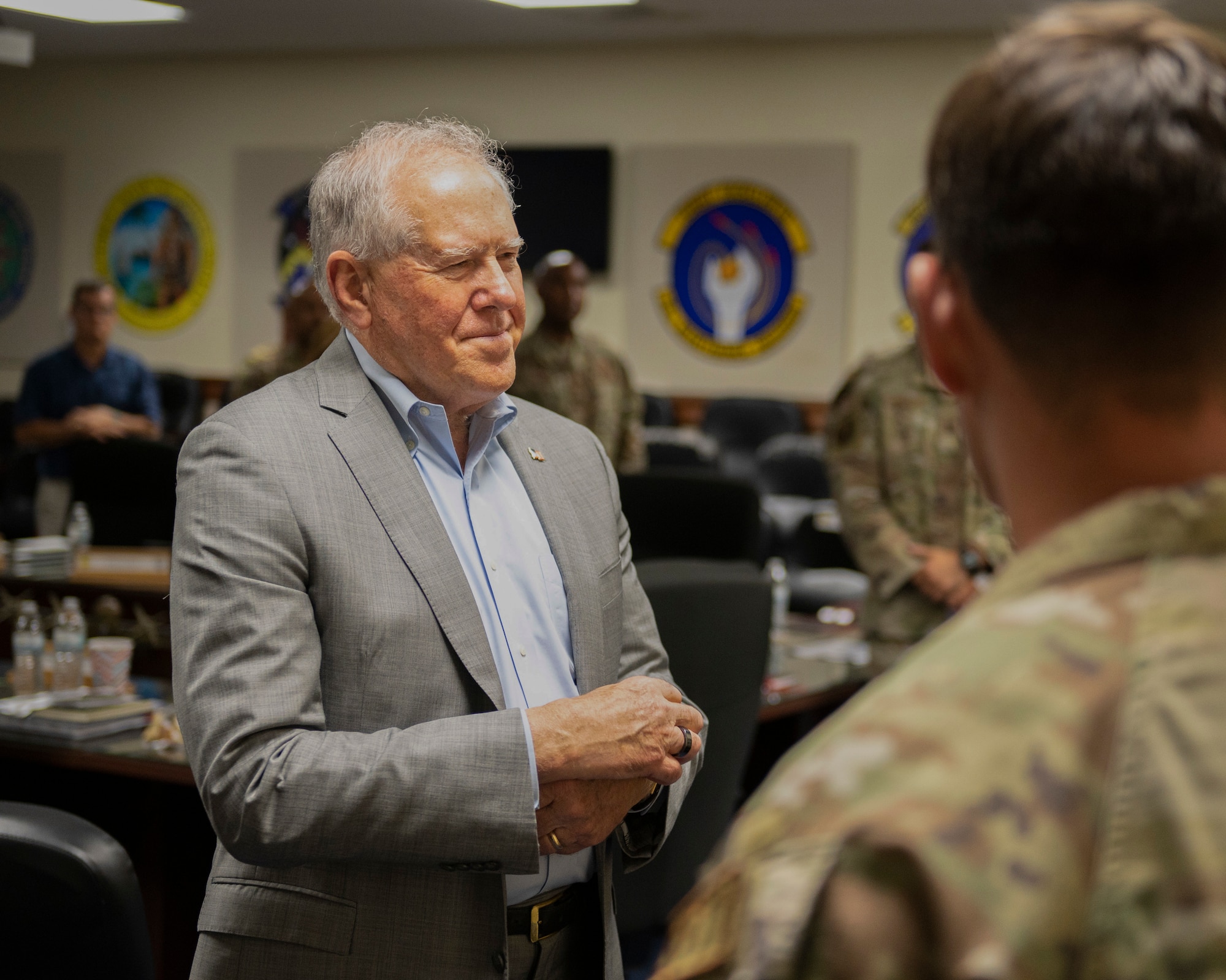 Secretary of the Air Force Frank Kendall talks to Airmen during his visit to Andersen Air Force Base, Guam, Aug. 19, 2022.