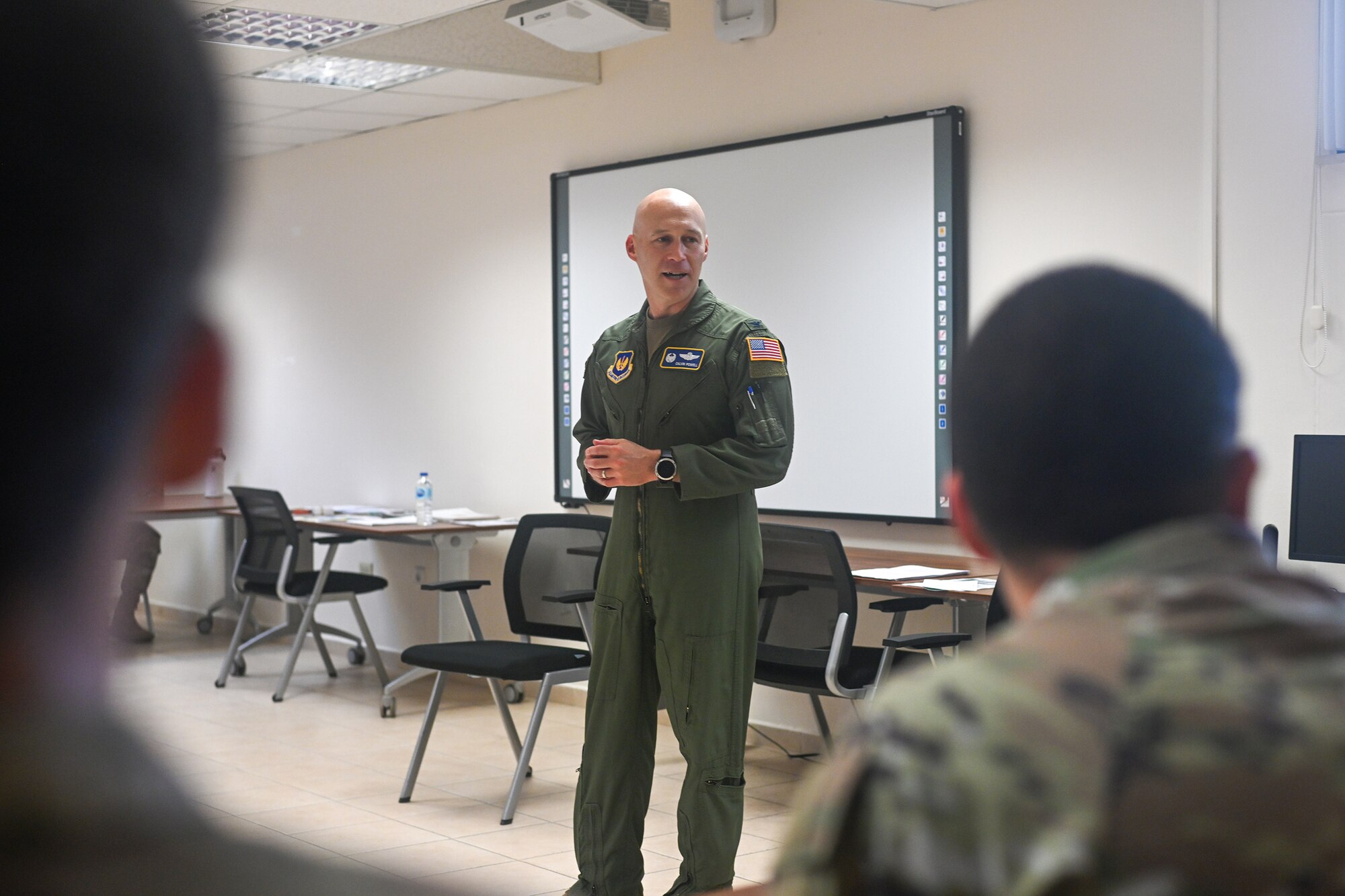 Col. Calvin Powell, 39th Air Base Wing commander, talks with First Term Airman Course (FTAC) students on Incirlik Air Base, Turkey, August 22, 2022.