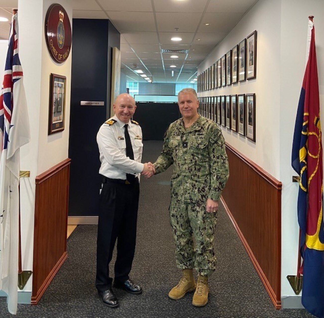 SYDNEY, Australia (August 16, 2022) Rear Adm. Richard Seif, commander, Submarine Group 7 (CSG 7) poses for a photo with Royal Australian Navy Rear Adm. Jonathan Earley, commander, Australian Fleet, during an office call at HMAS Kuttabul, August 16, 2022. (Photo courtesy of Lt. Haley Bonner)