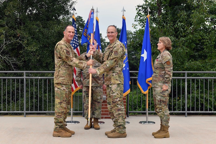 Pictured from left to right is Lt. Gen. John Healy, commander of Air Force Reserve Command and Chief of the Air Force Reserve, Col. Christopher Zidek, commander of the Force Generation Center, Brig. Gen. Stacey Scarisbrick, Director of Logistics, Engineering and Force Protection.