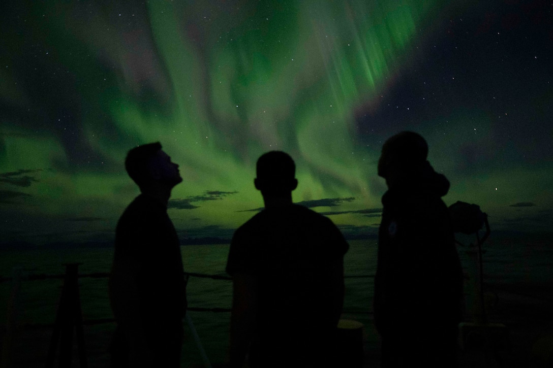 Three Coast Guardsmen shown in silhouette look up at green and purple lights in the sky at night.