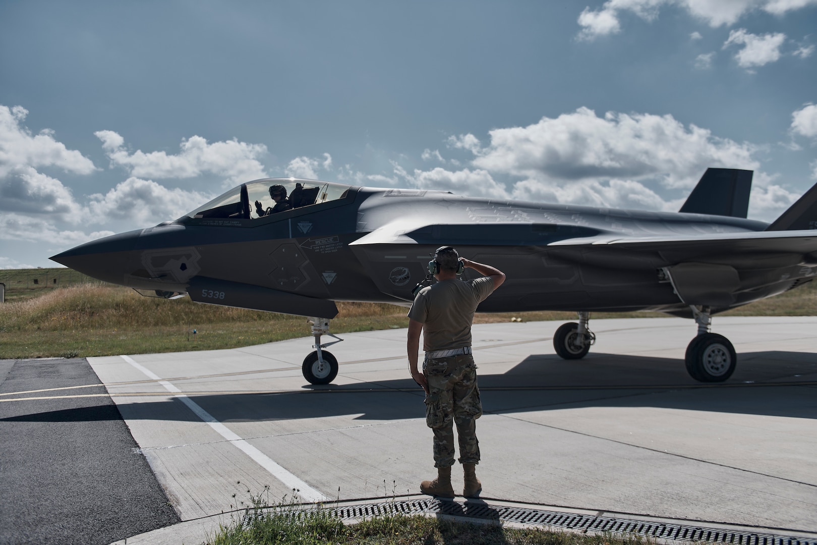 F-35A Lightning IIs assigned to the 134th Expeditionary Fighter Squadron, Vermont Air National Guard, prepare for takeoff for shield and assurance missions over Europe from Spangdahlem Air Base, Germany, June 21, 2022. Aircraft and Airmen from Vermont's 158th Fighter Wing deployed to Germany for more than three months as part of ongoing NATO efforts in Europe.