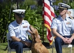 A Coast Guard military working dog was honored during a retirement ceremony held by members of the Maritime Safety and Security Team (MSST) San Francisco on Base Alameda July 22, 2022. Feco, a nine-year old Hungarian Vizsla, joined the MSST San Francisco Canine Explosive Detection Team (CEDT) in 2014. (U.S. Coast Guard photo by Petty Officer 2nd Class Matthew West)