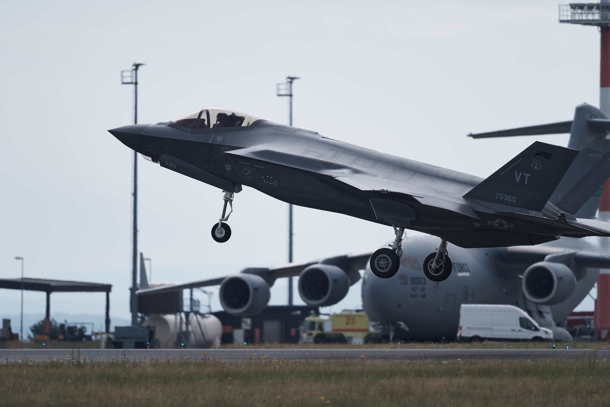 Photos of Airmen and F-35 aircraft assigned to the 158th Fighter Wing on the flight line at Spangdahlem Air Base in Germany, June 21, 2022. Aircraft and Airmen from Vermont's 158th Fighter Wing deployed to Germany for more than three months as part of ongoing NATO efforts in Europe.