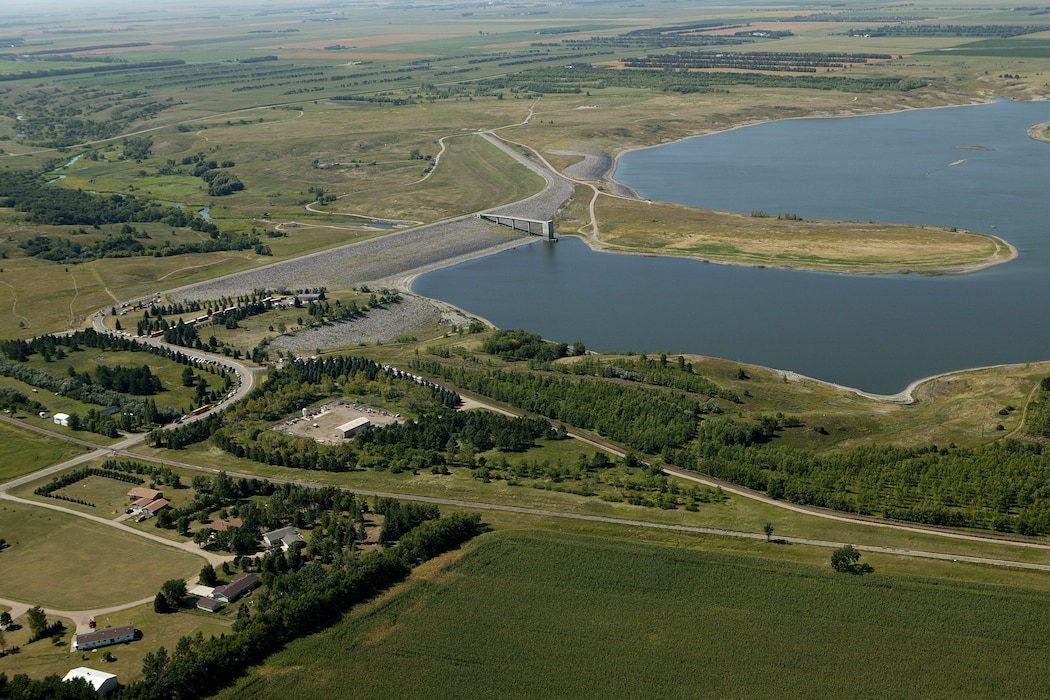 An aerial photo of Pipestem Dam and Lake
