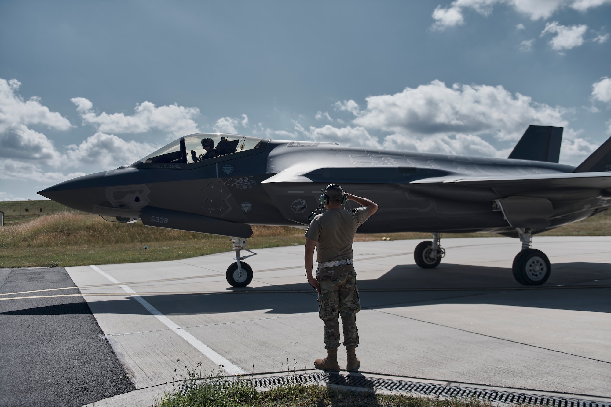 F-35A Lightning IIs assigned to the 134th Expeditionary Fighter Squadron, Vermont Air National Guard, prepare for takeoff for shield and assurance missions over Europe from Spangdahlem Air Base, Germany, June 21, 2022. Aircraft and Airmen from Vermont's 158th Fighter Wing deployed to Germany for more than three months as part of ongoing NATO efforts in Europe.