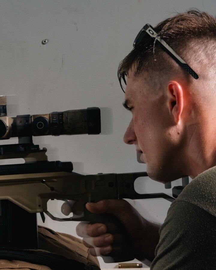 U.S. Marine Corps Cpl. Dylan Diamond, a team leader with Special Reaction Team, Headquarters and Support Battalion, Marine Corps Installations Pacific, fires an M40A6 rifle during multiple weapons sustainment training on Camp Hansen, Okinawa, Japan, Aug. 11, 2022. The members of SRT are attached to the Provost Marshal’s Office and are specifically trained and equipped to react in scenarios like an active shooter, hostage situations, and barricaded subjects. (U.S. Marine Corps photo by Lance Cpl. Jonathan Beauchamp)