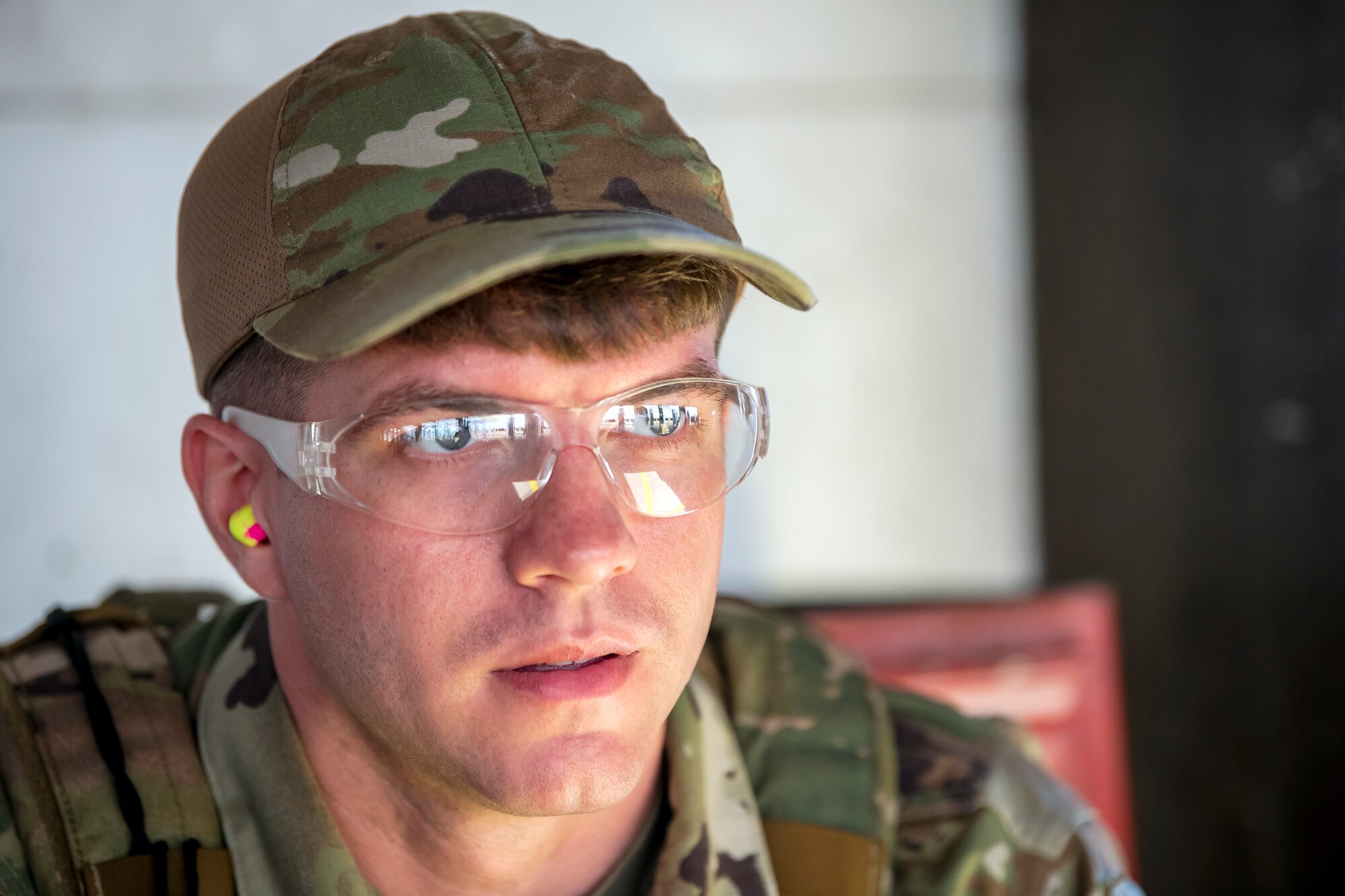 Airman 1st Class Jared Jablonski, 423d Security Forces Squadron flight member, focuses on his target during a proficiency course at RAF Molesworth, England, Aug. 19, 2022. During the course instructors from the 820th Base Defense Group and 435th Contingency Response Group provided oversight and guidance to help critique and advance the combat arms skills of the defenders from the 423d SFS. (U.S. Air Force photo by Staff Sgt. Eugene Oliver)