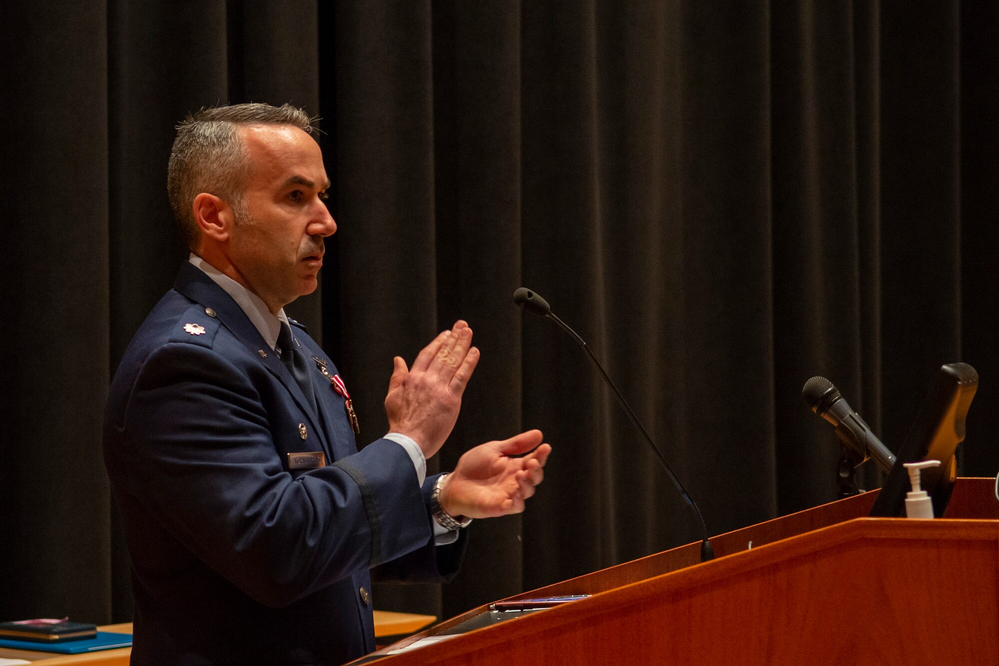 Lt. Col. Travis Kornahrens, outbound Signals Analysis Squadron commander, addresses the squadron for a final time during a change of command ceremony here, , June 22, 2022. The squadron’s mission is to exploit signals to prevent surprise, enable military operations, and protect national security.   (U.S. Air Force photo by Staff Sgt. Samuel Earick)