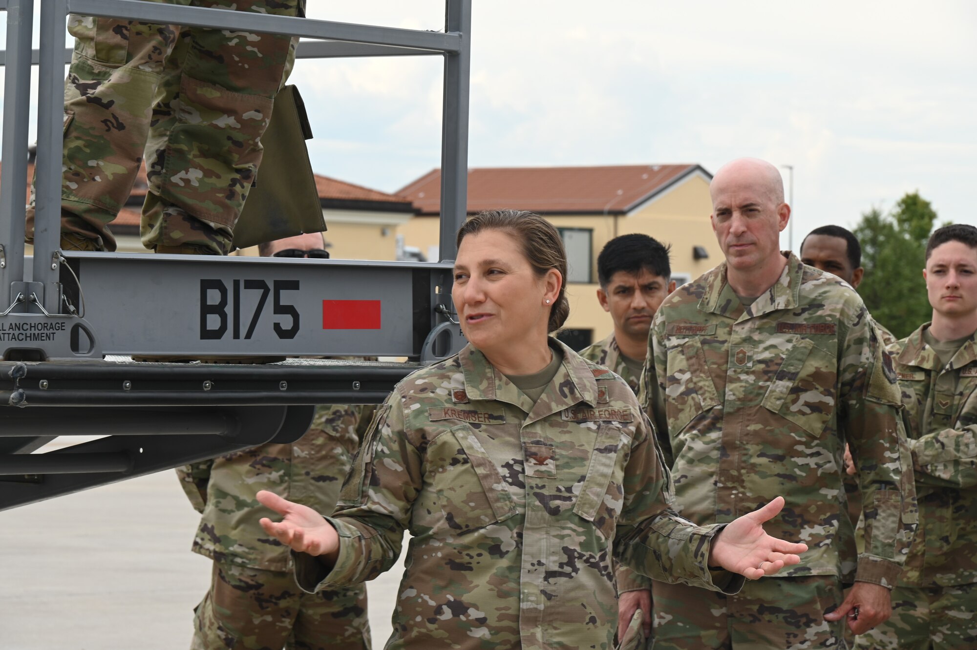 U.S. Air Force Col. Amy Kremser, 175th Mission Support Group commander, Maryland Air National Guard, speaks to members of the 175th Wing, Maryland Air National Guard during annual training at Aviano Air Base, Italy, July 28, 2022.