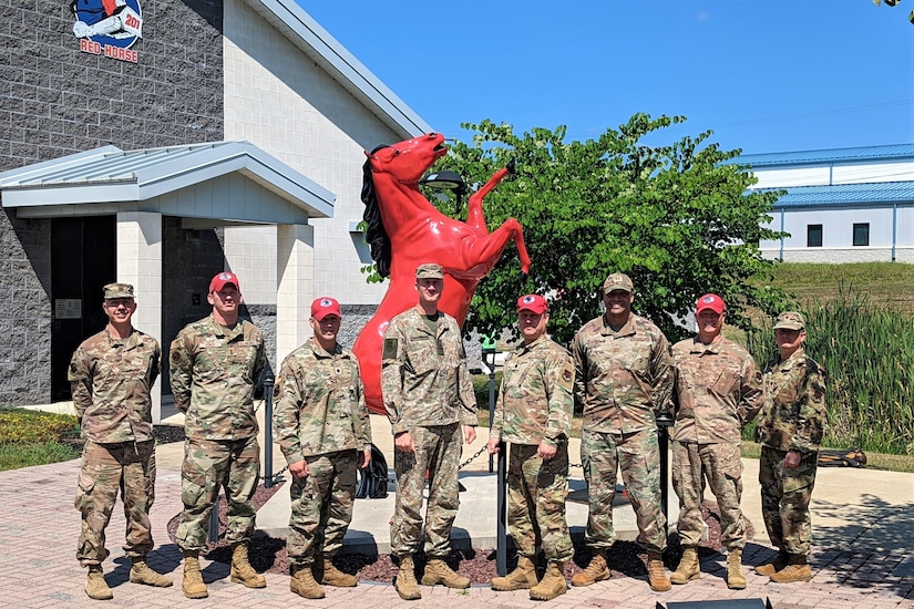 Maj. Mantas Kazakevičius (fourth from left), Lithuanian Armed Forces liaison officer to the Pennsylvania National Guard, met with Pennsylvania Air National Guard engineers and senior leaders Aug. 24, 2022, at Fort Indiantown Gap, Pa.