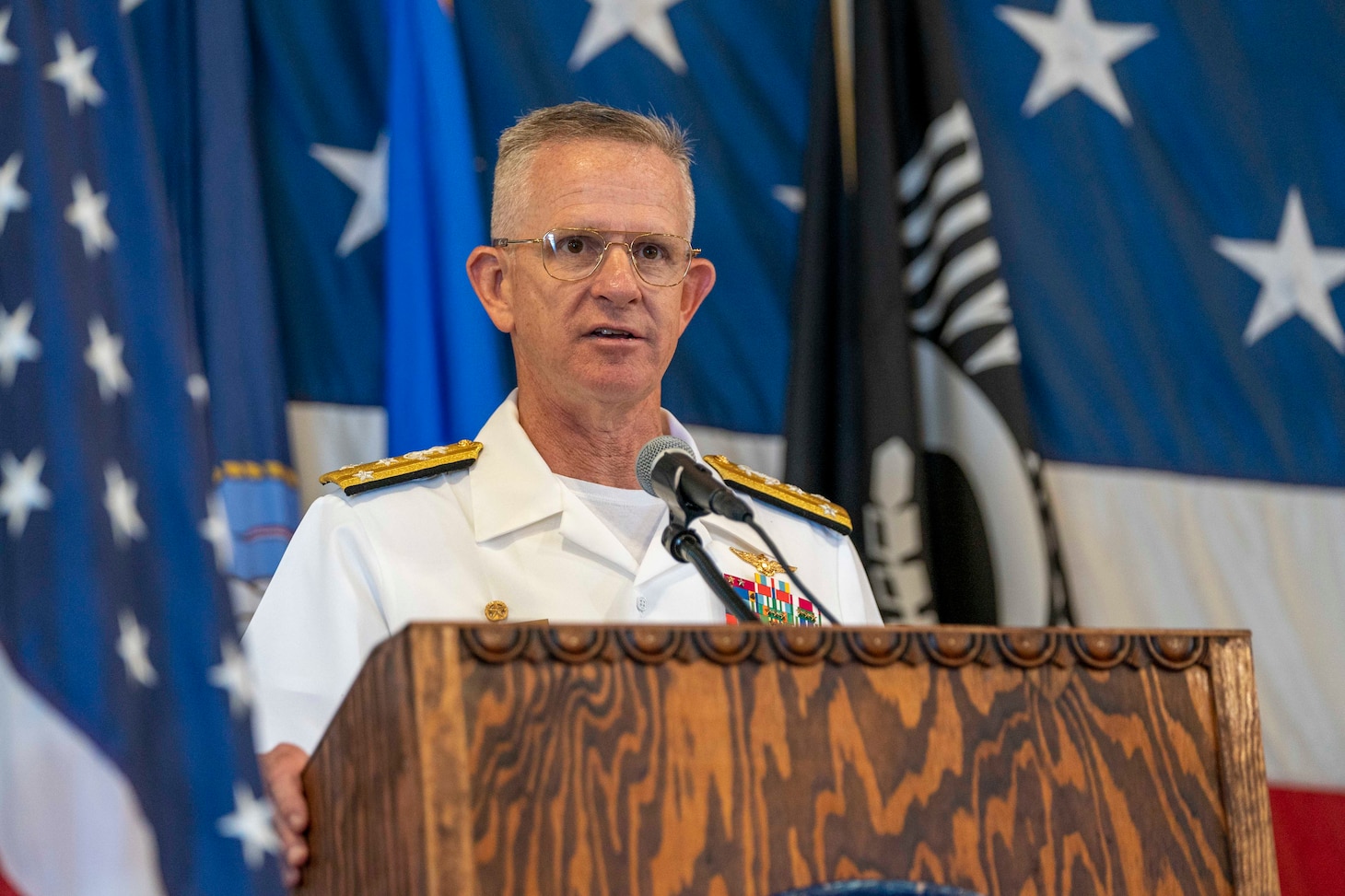 Vice Adm. Daniel Dwyer, commander, U.S. 2nd Fleet, speaks at the 100th Anniversary of the Aircraft Carrier ceremony aboard the USS Hornet Sea, Air and Space Museum in Alameda, Calif., August 13.