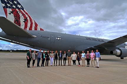 State congressional staffers gather in front of the Spirit of Portsmouth, KC-46A Pegasus on Aug. 23 at Pease Air National Guard Base in Newington.