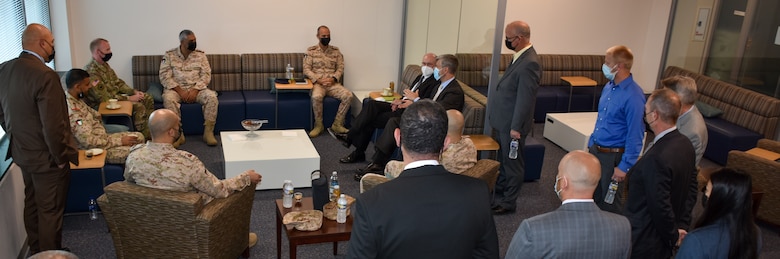 Diwaniya at the Middle East District headquarters, during the Kuwait Ministry of Defence delegation visit in August 2022. Diwaniyas are formal meetings but also have a strong social component that is equally important in Kuwaiti culture.
