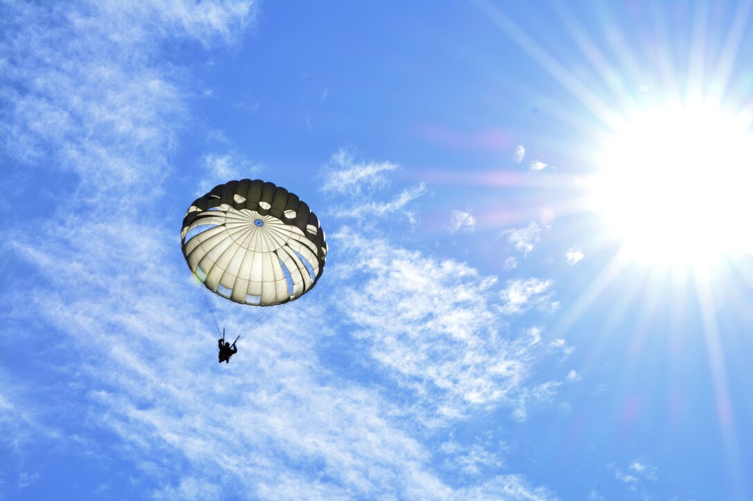 A parachutist descends to the ground in bright sunshine.