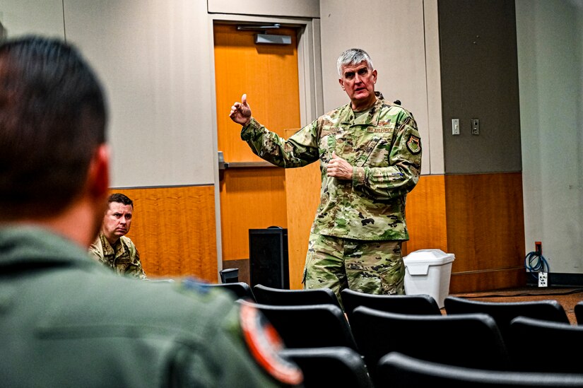 U.S. Air Force Maj. Gen. Albert Miller, Aircrew Task Force director, addresses pilots assigned to the 305th Air Mobility Wing at Joint Base McGuire-Dix-Lakehurst, N.J. on Aug. 25, 2022. Miller has amplified community outreach to aircrew members in the field through increased site visits. These visits provide a chance to have meaningful discussions with all aircrew members to capture operational, quality of life, and quality of service concerns to inform policy decisions.
