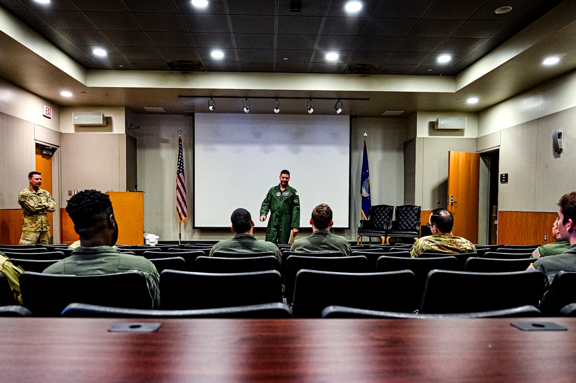 U.S. Air Force Col. Alexander Fafinski, Aircrew Task Force member, addresses Airmen assigned to the 305th Air Mobility Wing at Joint Base McGuire-Dix-Lakehurst, N.J. on Aug. 25, 2022. Miller has amplified community outreach to aircrew members in the field through increased site visits. These visits provide a chance to have meaningful discussions with all aircrew members to capture operational, quality of life, and quality of service concerns to inform policy decisions.