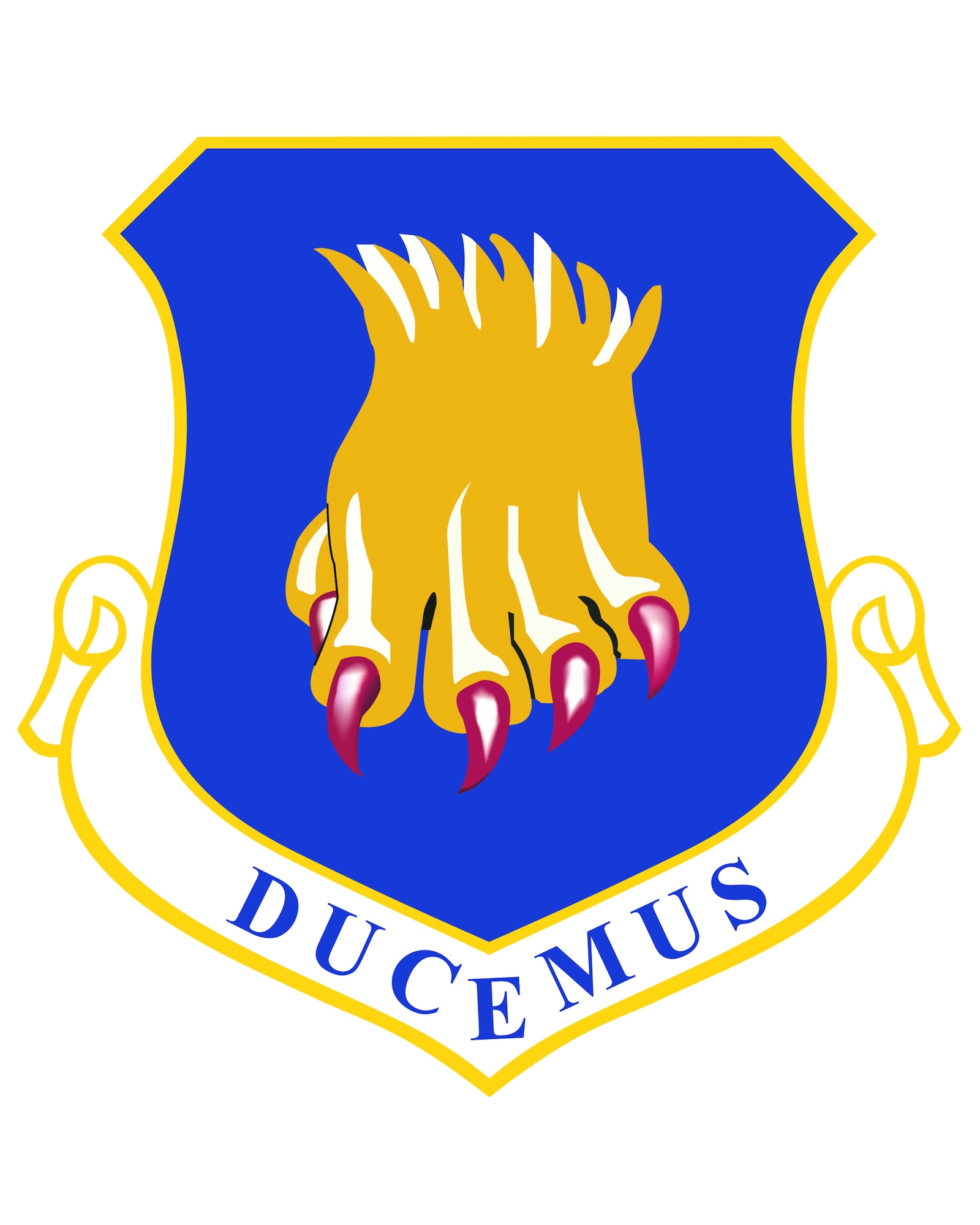 The approved emblem of the 22 ARW consist of an Ultramarine Blue shield bordered with Air Force Yellow (The USAF colors).  In the center lies a yellow cougar’s paw with extended red claws signifying armed power.  Beneath the shield is a scroll bearing the unit motto: DUCEMUS (pronounced DEW-CAME-US), written in the Latin and translated as “We Shall Lead.”