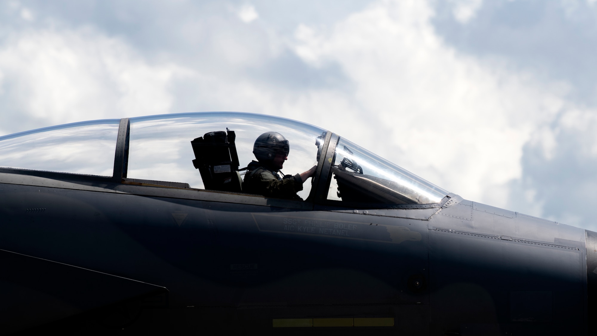 An F-15C Eagle pilot assigned to the 44th Fighter Squadron taxis to the apron after a training sortie in support of surge operations at Kadena Air Base, Japan, Aug. 23, 2022. During the surge, the 44th FS flew up to 40 sorties a day, honing air-to-air tactics and advanced combat maneuvers, and strengthening the readiness capabilities needed to ensure a free and open Indo-Pacific. (U.S. Air Force photo by Senior Airman Jessi Roth)