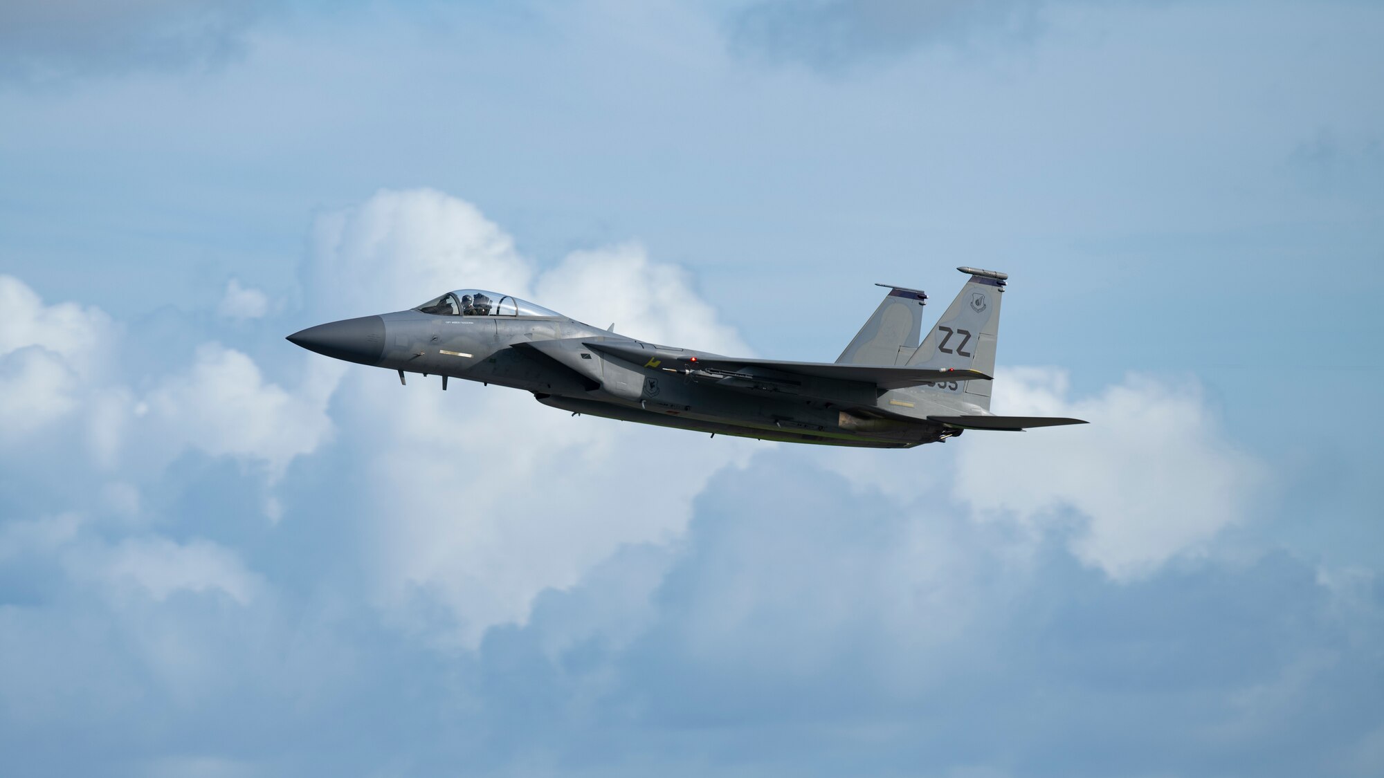 An F-15C Eagle assigned to the 44th Fighter Squadron flies overhead in support of surge operations at Kadena Air Base, Japan, Aug. 24, 2022. Surge operations provide aircrew and support personnel the opportunity to train the skills necessary to maintain a ready force, capable of ensuring the collective defense of the Indo-Pacific region. (U.S. Air Force photo by Senior Airman Jessi Roth)