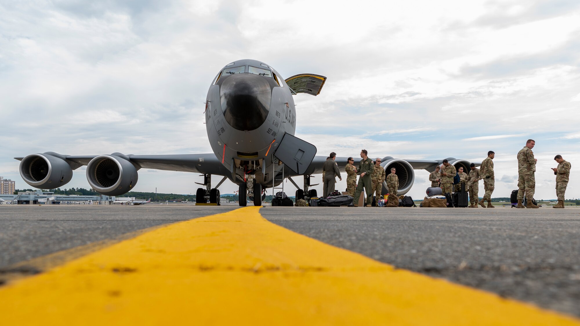 6th Air Refueling Wing Airmen offload baggage from a KC-135 Stratotanker assigned to the 91st Air Refueling Squadron after landing at Bangor Air National Guard Base, Maine, Aug. 22, 2022.