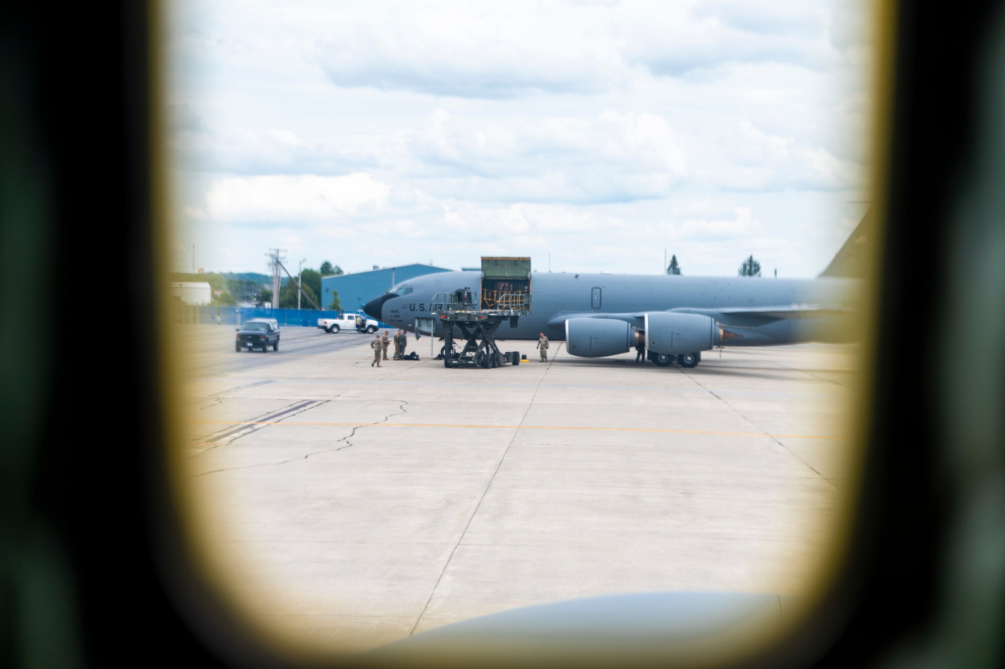 6th Air Refueling Wing Airmen offload baggage from a KC-135 Stratotanker assigned to the 91st Air Refueling Squadron after landing at Bangor Air National Guard Base, Maine, Aug. 22, 2022.