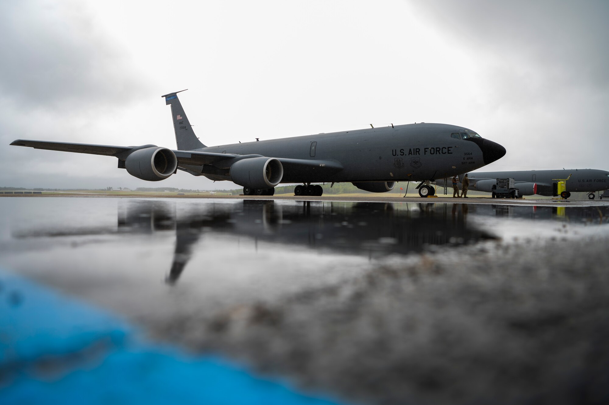 Crew chiefs with the 6th Aircraft Maintenance Squadron prepare a KC-135 Stratotanker assigned to the 91st Air Refueling Squadron for take-off at Bangor Air National Guard Base, Maine, Aug. 23, 2022.