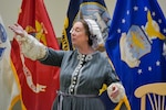 Historical reenactor Kim Hanley portrays Elizabeth Cady Stanton, women’s rights and suffrage activist during the Defense Logistics Agency Troop Support’s Women’s Equality Day event Aug. 10.