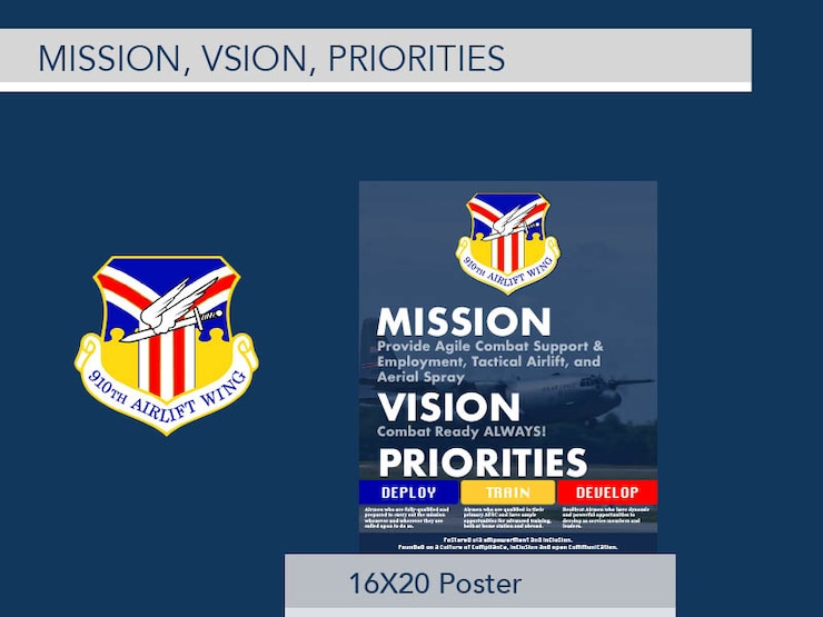 Poster displaying the wing's mission, vision, and priorities, 2022 edition.