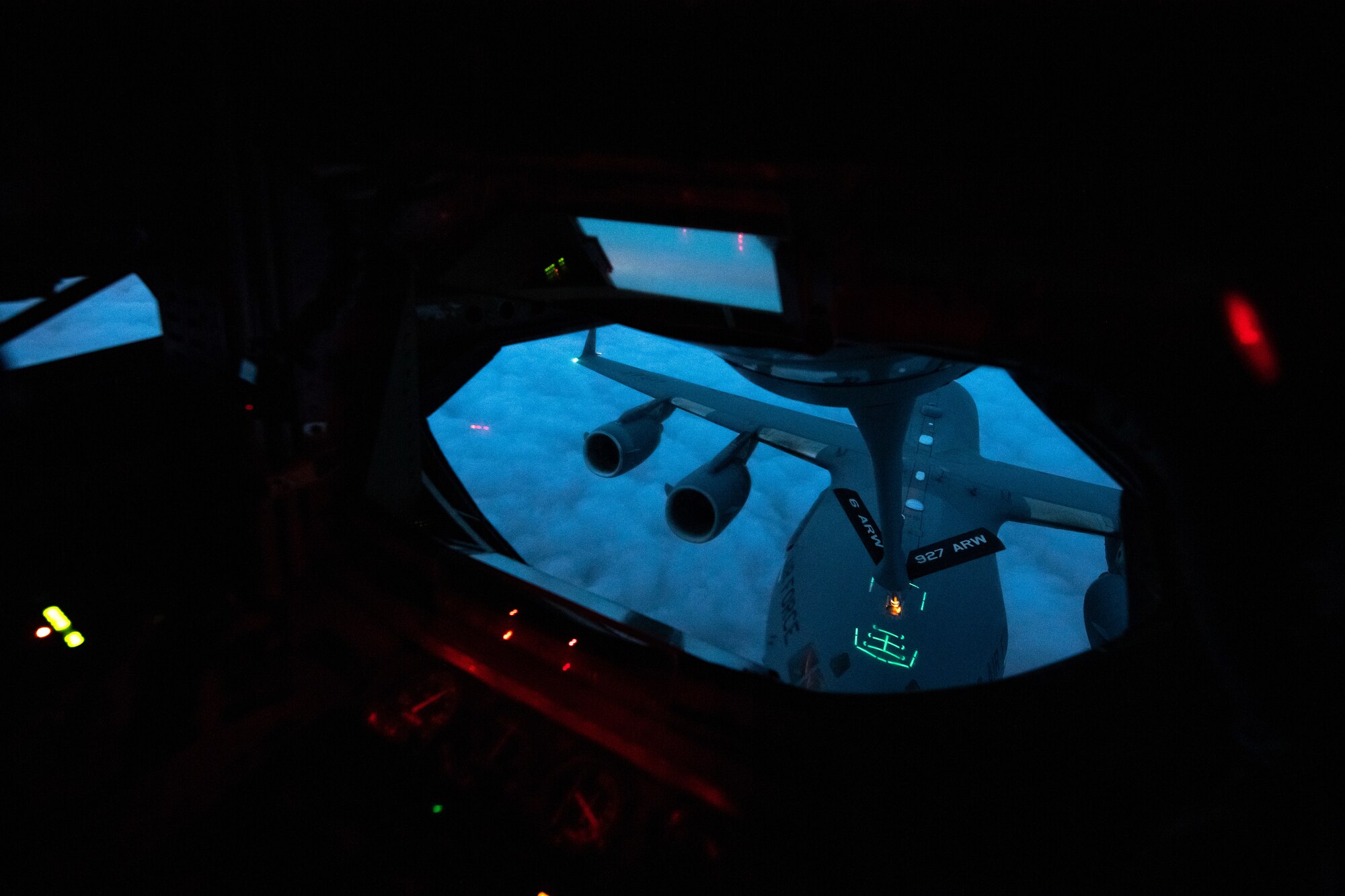 A C-17 Globemaster III aircraft assigned to the 437th Airlift Wing receives fuel from a KC-135 Stratotanker aircraft assigned to the 6th Air Refueling Wing during the 6th ARW Agile Combat Employment capstone exercise, Aug. 23, 2022.