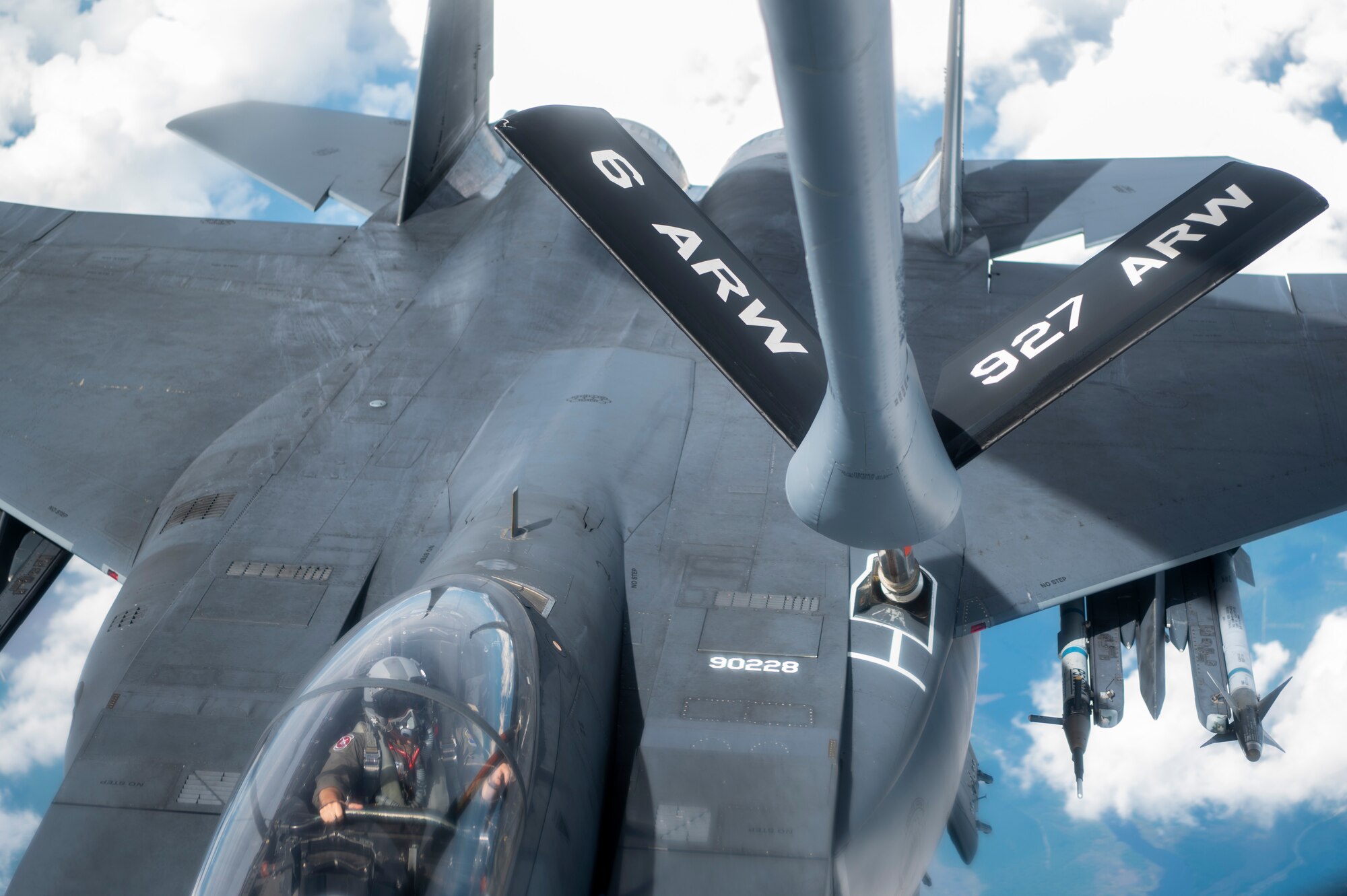 An F-15E Strike Eagle assigned to the 4th Fighter Wing receives fuel from a KC-135 Stratotanker assigned to the 91st Air Refueling Squadron over the Northeastern U.S. Aug. 24, 2022.