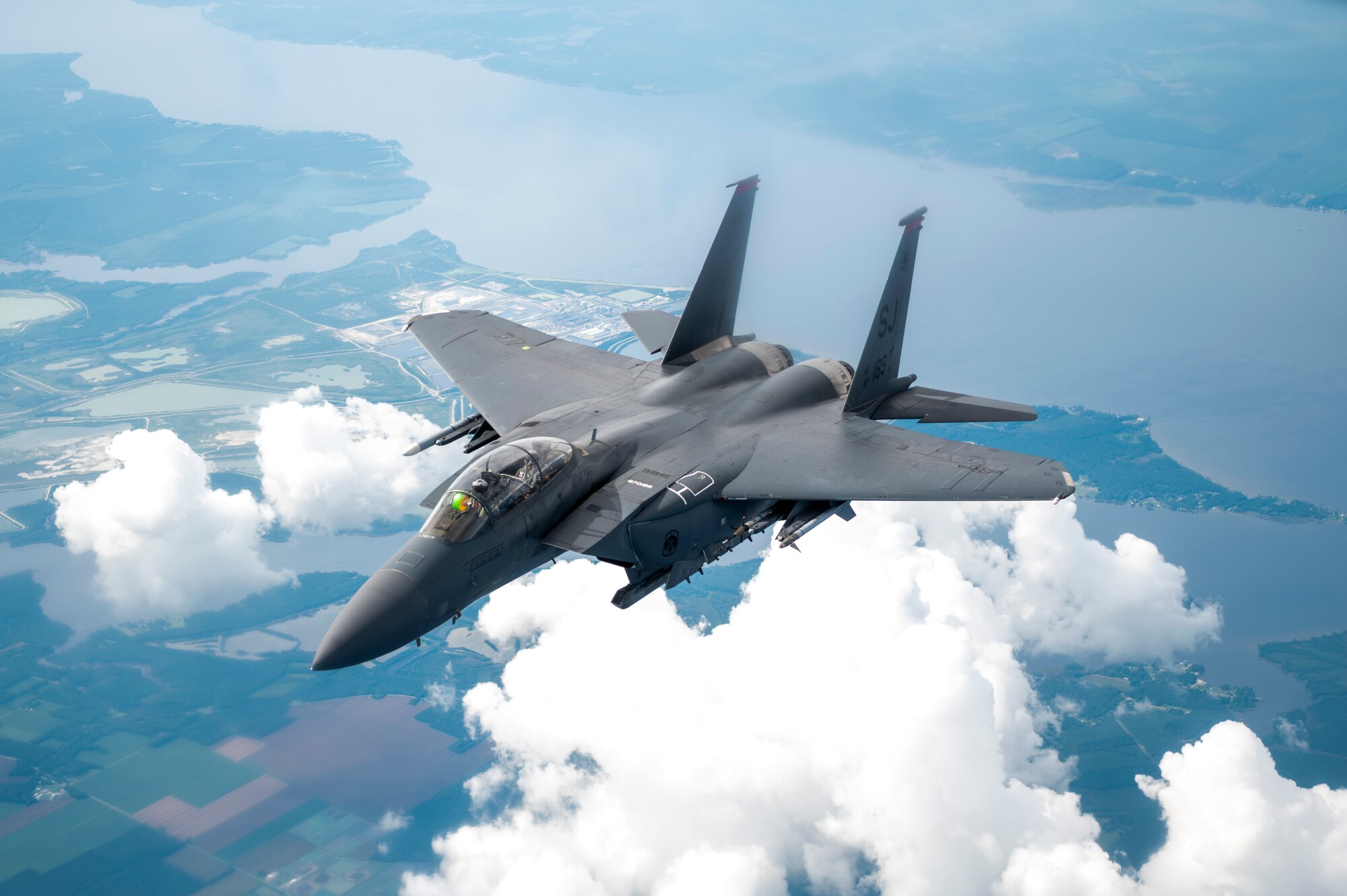 An F-15E Strike Eagle assigned to the 4th Fighter Wing, departs after receiving fuel from a 
KC-135 Stratotanker assigned to the 91st Air Refueling Squadron over the Northeastern U.S.  Aug. 24, 2022.